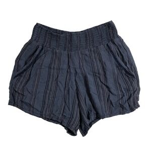 Three Dots Shorts Womens Small Navy Blue Stripe Smocked Waistband Pull On Gauze